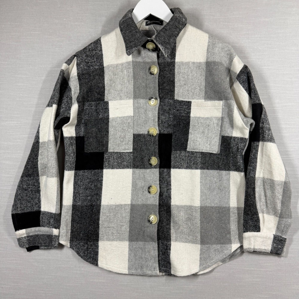 Pretty Garden Jacket Womens Small Black White Plaid Casual Comfy Collared